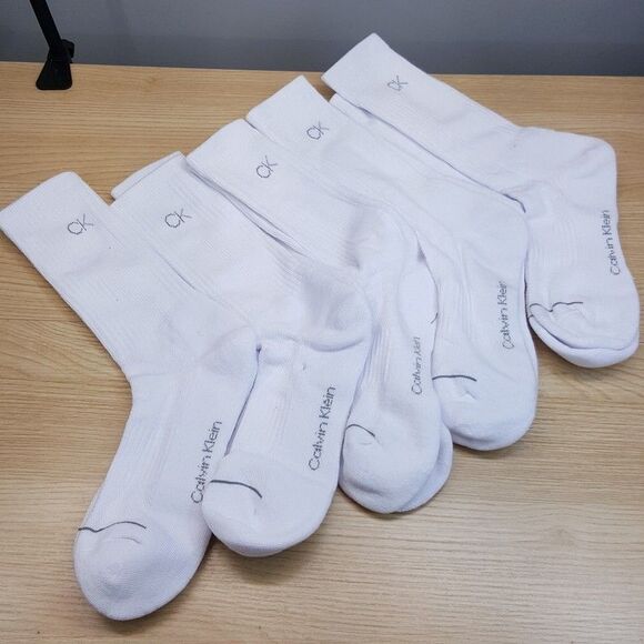 CALVIN KLEIN Crew Socks Mens White 5-Pack Solid Sport Cushioned CK Logo - Picture 1 of 3